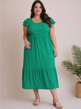 Gilli Emerald Green NWT Size 3x Flutter Sleeve Empire Boho Midi Dress